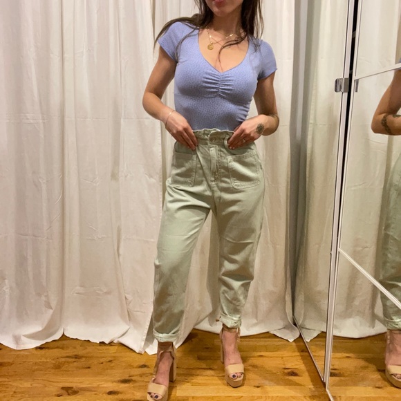 Zara Light Green Paper Bag Waist Jeans - Picture 2 of 6